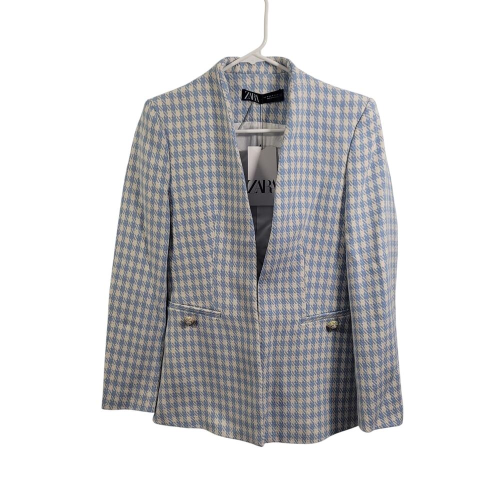Zara Textured Blue Houndstooth Pearl Accented Gold Buttons Jackets Size M 82926